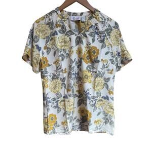 Denim & Co Yellow/ Ivory/ Blue Floral Blouse Stretch‎ Size XXS Oversized Fit